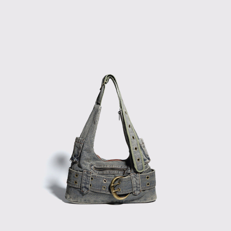 Vintage Denim Buckle Shoulder Bag – Y2K Retro Belted Style