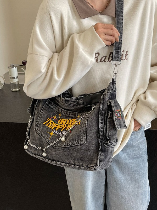 Groovy Y2K Denim Tote Bag – Trippy Graphic Shoulder Bag for Women