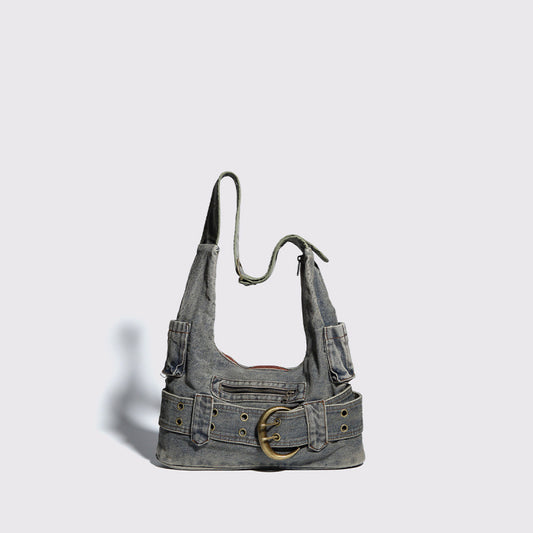 Vintage Denim Buckle Shoulder Bag – Y2K Retro Belted Style