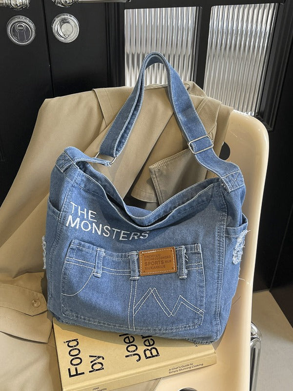 Monsters Street Denim Shoulder Bag – Dark Wash Y2K Jean Tote
