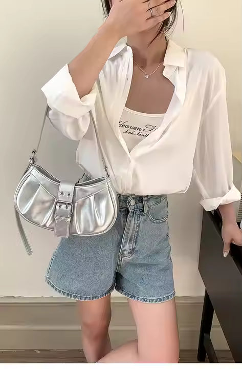 Glossy Buckle Baguette Bag – Patent Leather Shoulder Purse