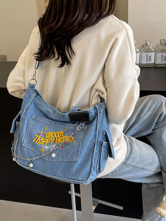 Groovy Y2K Denim Tote Bag – Trippy Graphic Shoulder Bag for Women