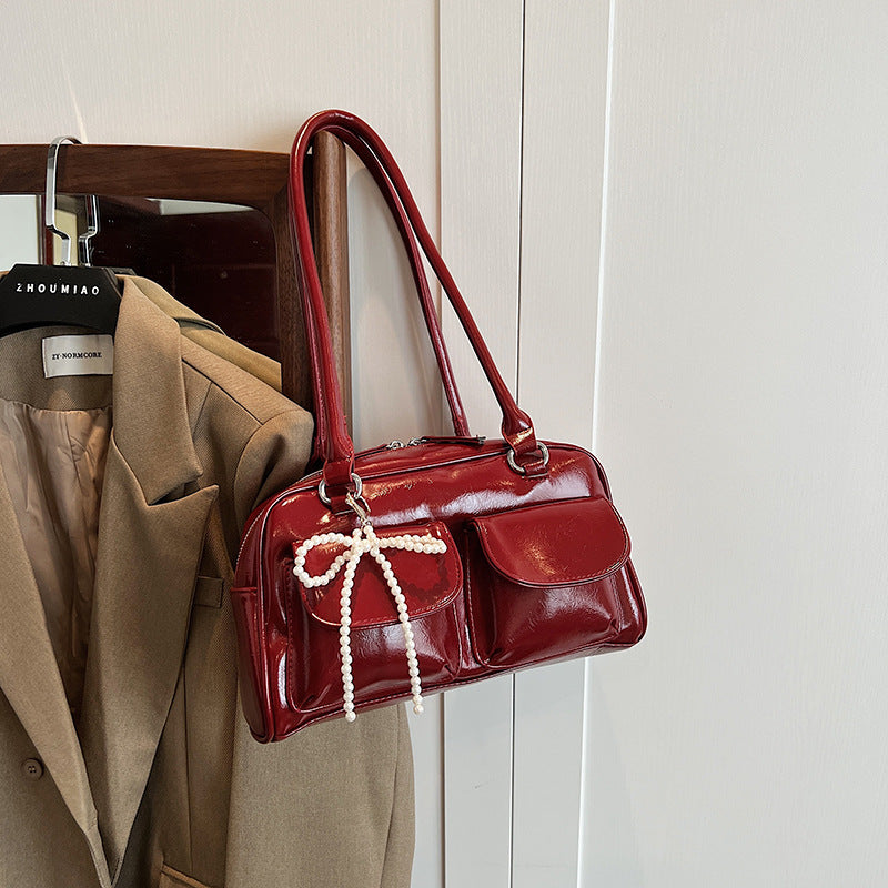 Glossy Charm Bow Tote – Stylish Patent Handbag with Pearl Accent