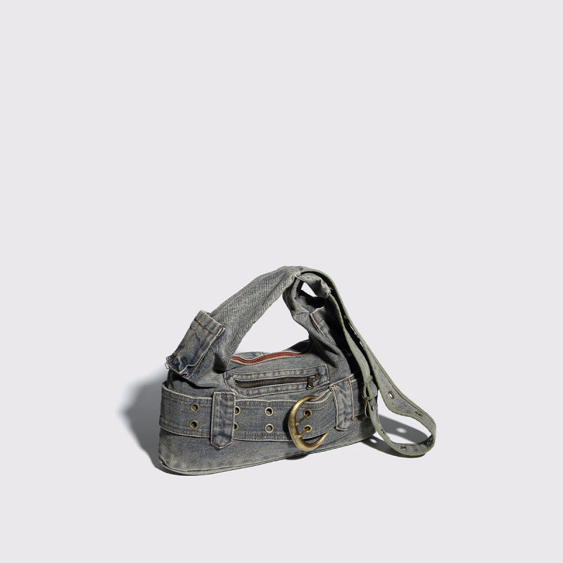 Vintage Denim Buckle Shoulder Bag – Y2K Retro Belted Style