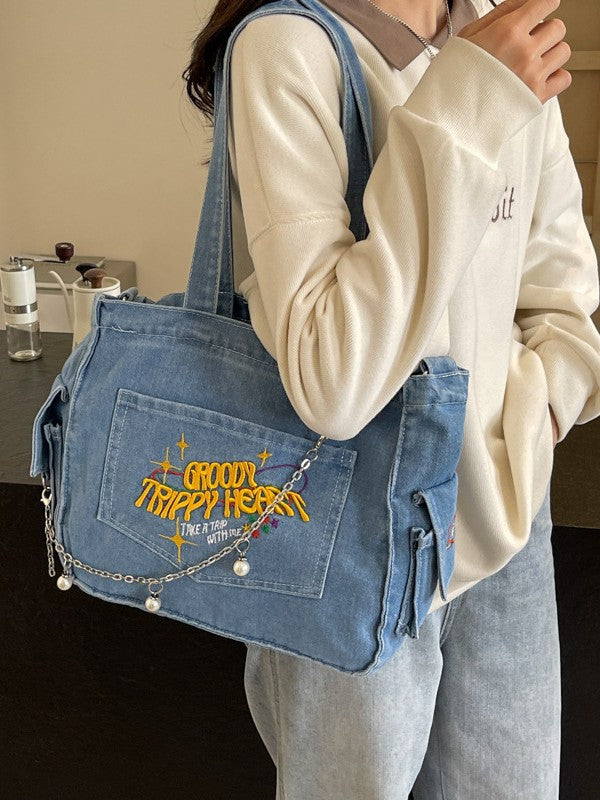 Groovy Y2K Denim Tote Bag – Trippy Graphic Shoulder Bag for Women