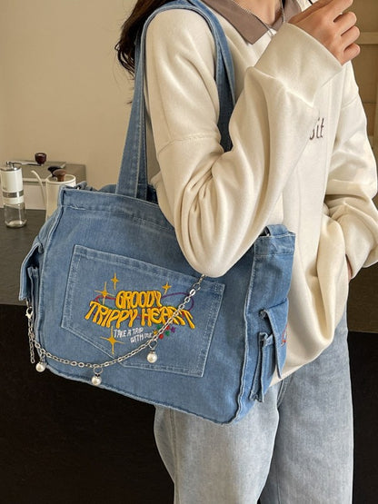 Groovy Y2K Denim Tote Bag – Trippy Graphic Shoulder Bag for Women