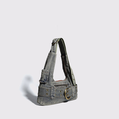 Vintage Denim Buckle Shoulder Bag – Y2K Retro Belted Style
