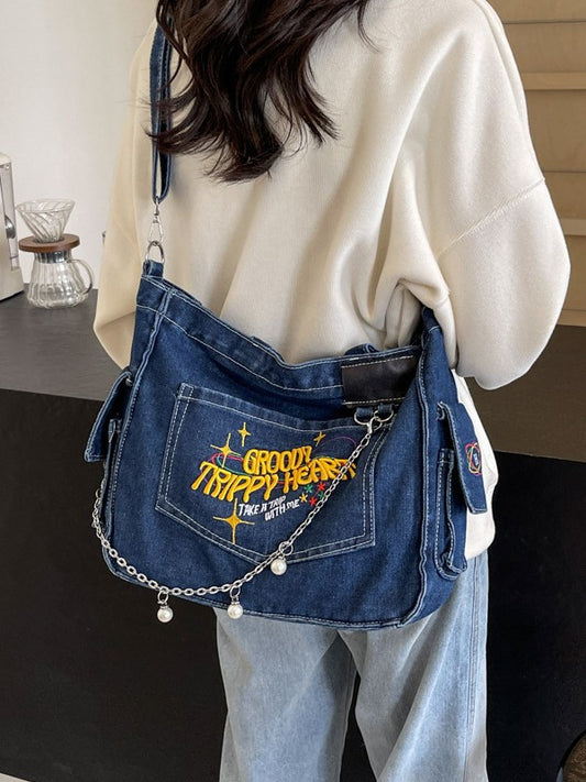 Groovy Y2K Denim Tote Bag – Trippy Graphic Shoulder Bag for Women