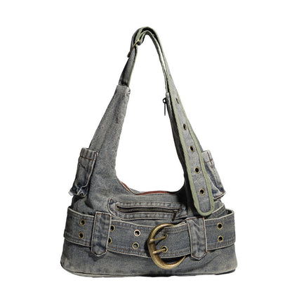Vintage Denim Buckle Shoulder Bag – Y2K Retro Belted Style