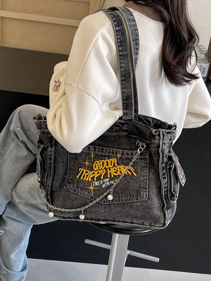 Groovy Y2K Denim Tote Bag – Trippy Graphic Shoulder Bag for Women