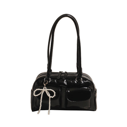 Glossy Charm Bow Tote – Stylish Patent Handbag with Pearl Accent