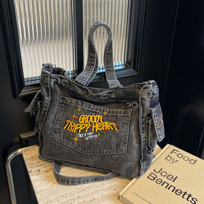 Groovy Y2K Denim Tote Bag – Trippy Graphic Shoulder Bag for Women