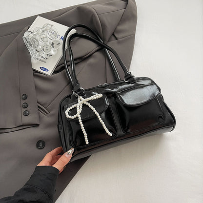 Glossy Charm Bow Tote – Stylish Patent Handbag with Pearl Accent