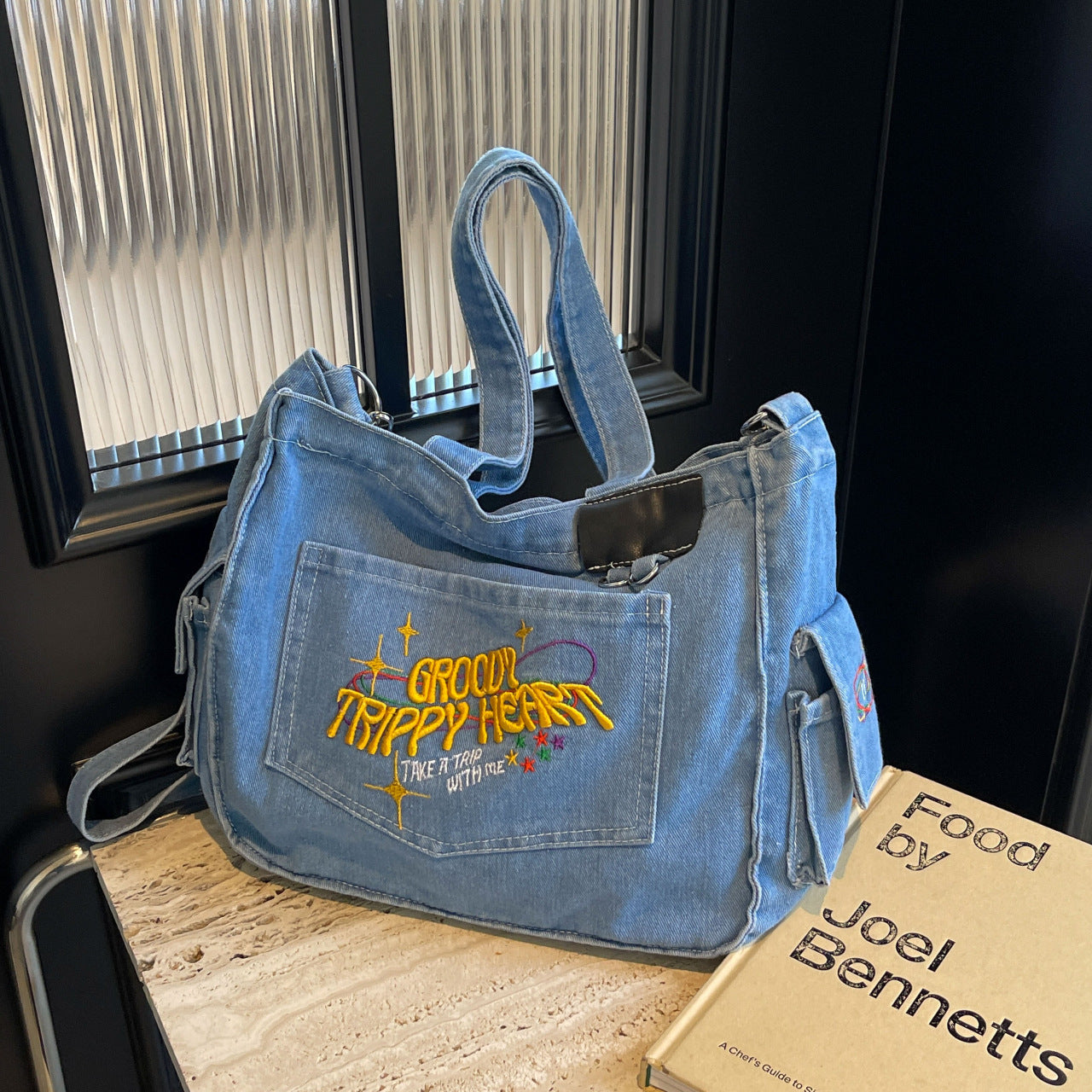 Groovy Y2K Denim Tote Bag – Trippy Graphic Shoulder Bag for Women