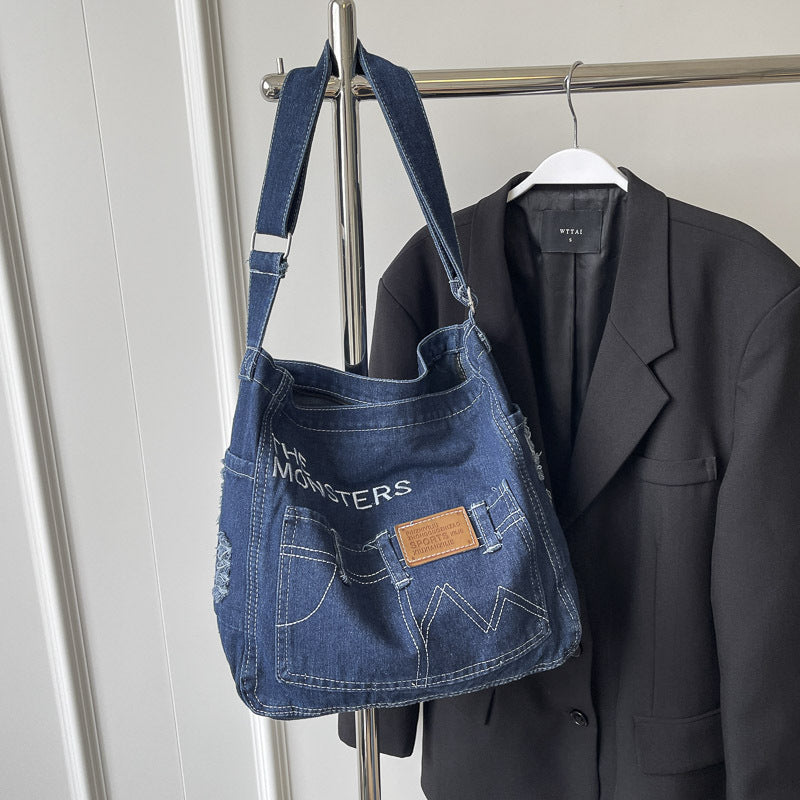 Monsters Street Denim Shoulder Bag – Dark Wash Y2K Jean Tote