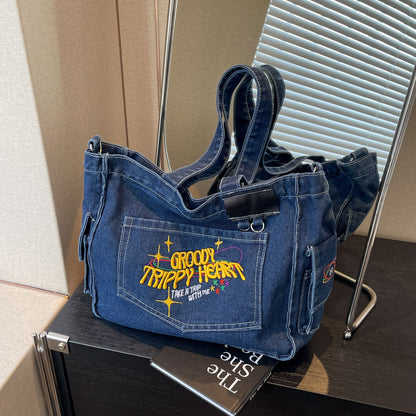 Groovy Y2K Denim Tote Bag – Trippy Graphic Shoulder Bag for Women