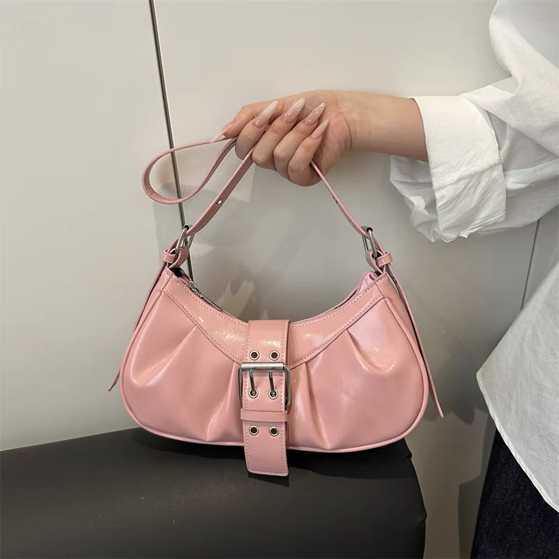 Glossy Buckle Baguette Bag – Patent Leather Shoulder Purse