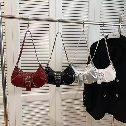 Glossy Buckle Baguette Bag – Patent Leather Shoulder Purse