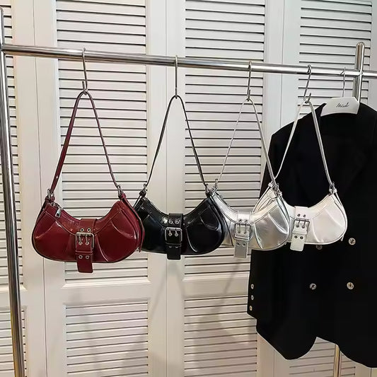 Glossy Buckle Baguette Bag – Patent Leather Shoulder Purse