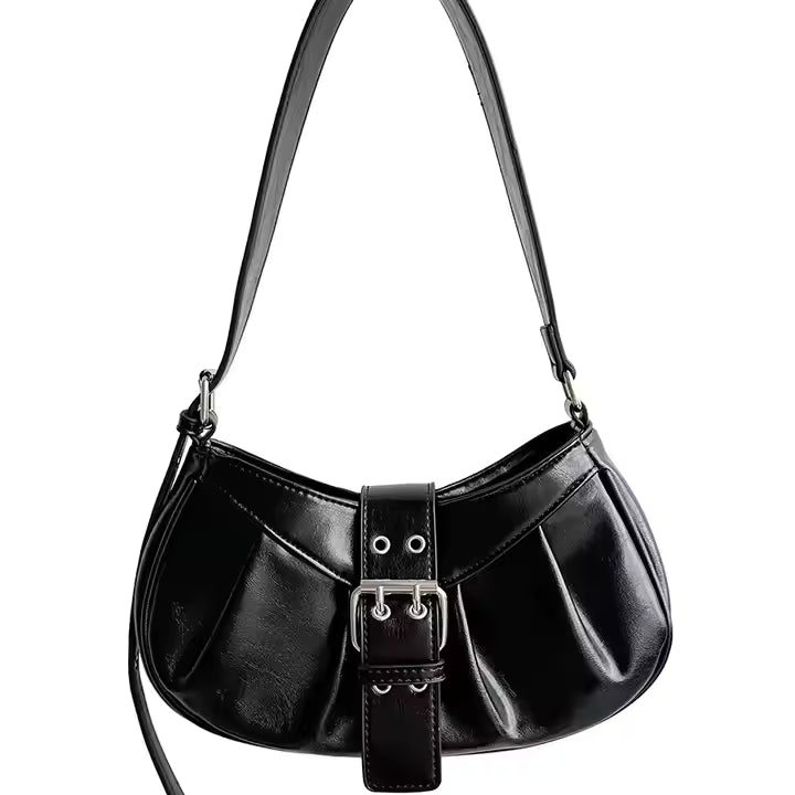 Glossy Buckle Baguette Bag – Patent Leather Shoulder Purse