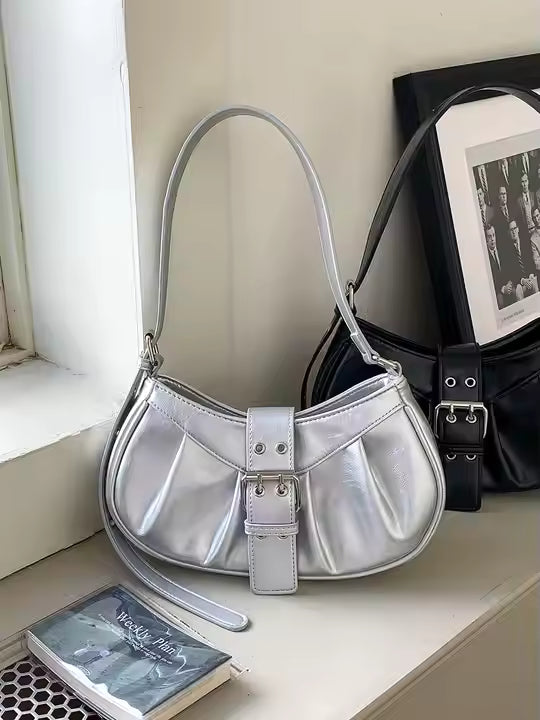 Glossy Buckle Baguette Bag – Patent Leather Shoulder Purse