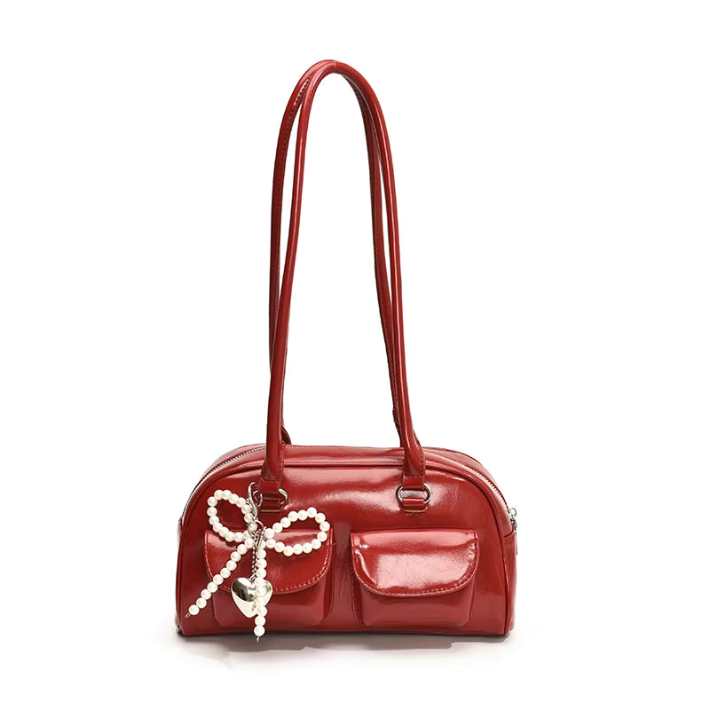 Glossy Charm Bow Tote – Stylish Patent Handbag with Pearl Accent