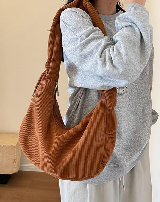 Rust Ruched Handle Hobo Bag – Soft Corduroy Shoulder Purse